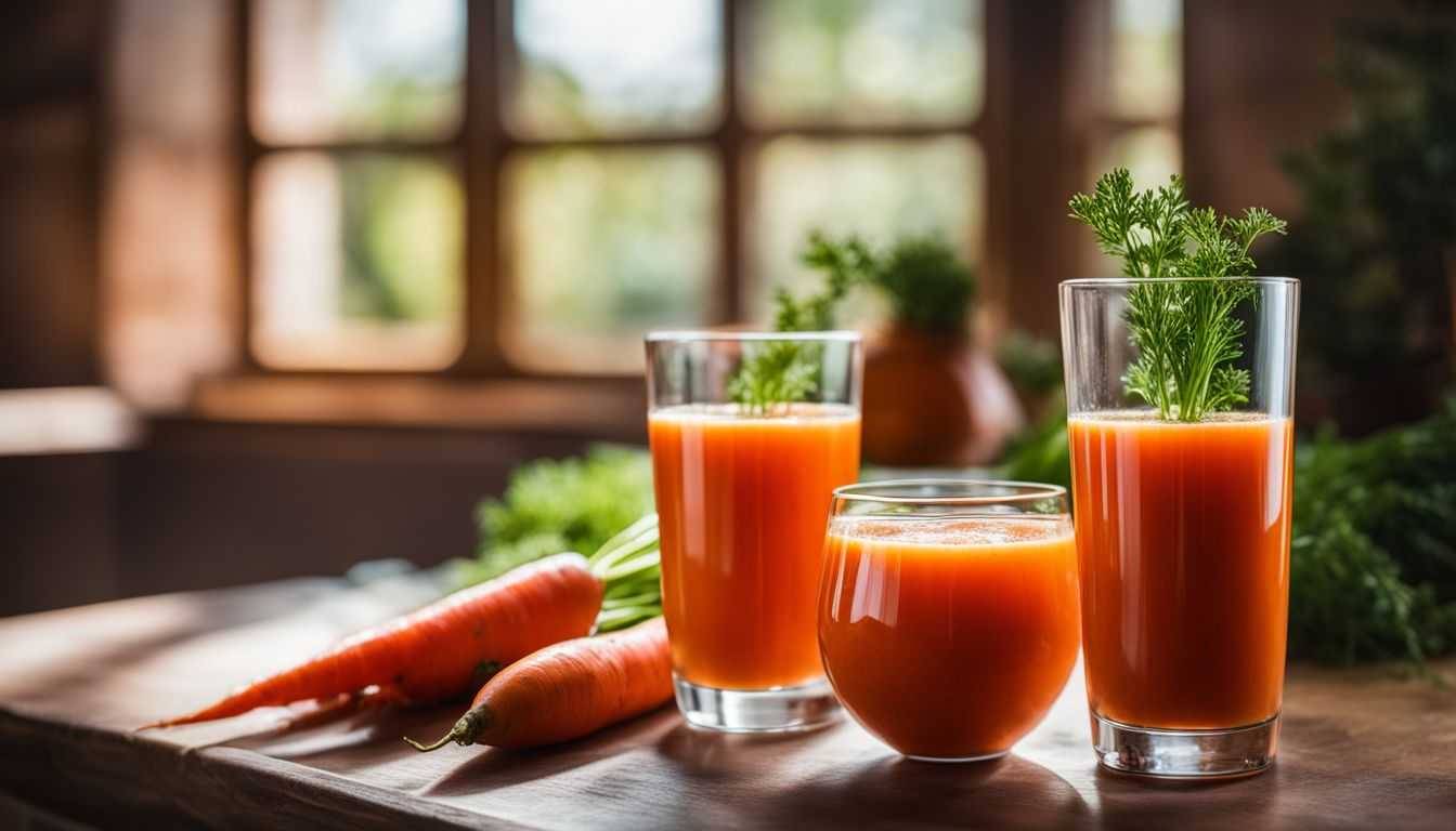 A photograph of a glass of carrot juice with carrots and greens in the background.