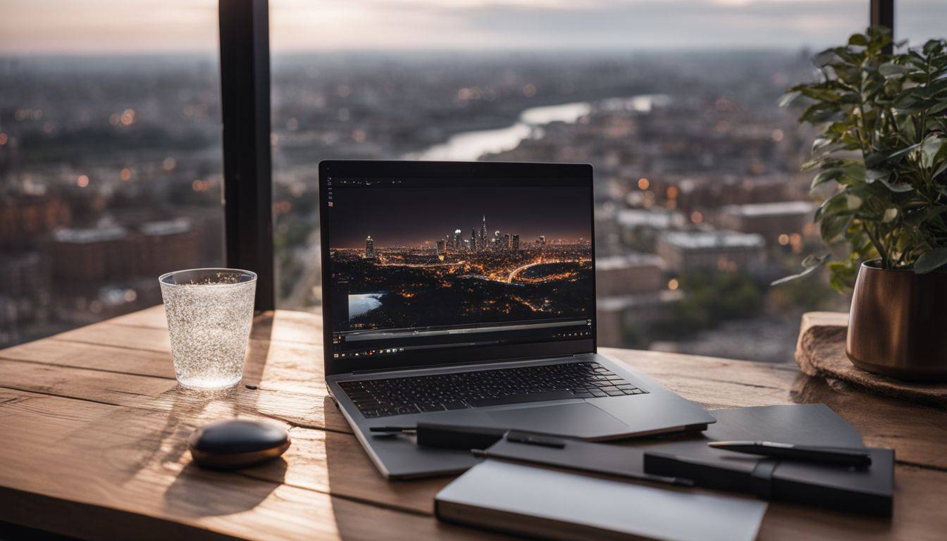 A laptop on a desk overlooking a scenic landscape with cityscape photography.