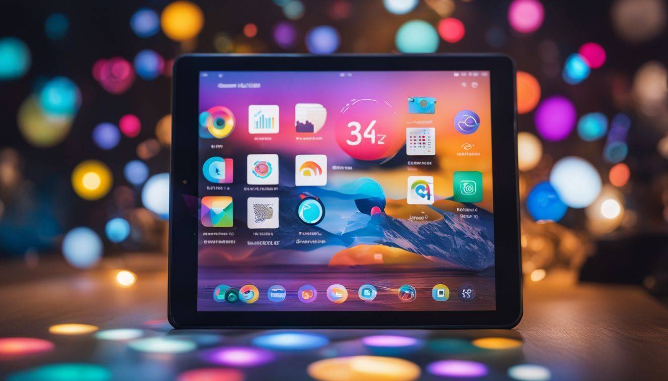 A digital tablet displaying interactive content surrounded by colorful icons and graphics.