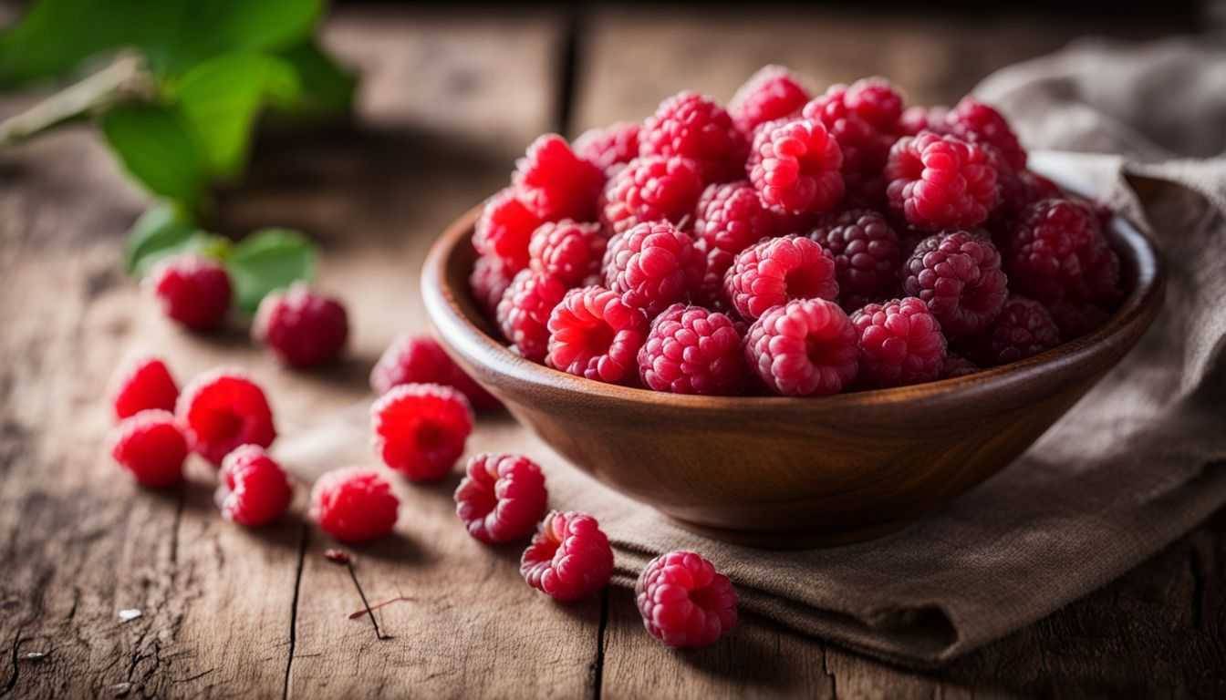 A bowl of fresh raspberries on a rustic wooden table.
