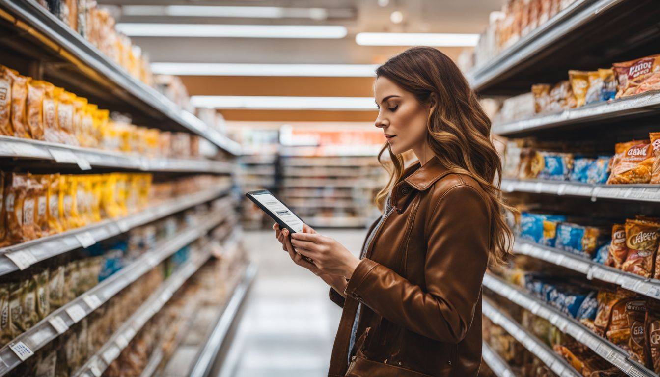 A woman reading nutrition labels on keto protein bars in a grocery store.