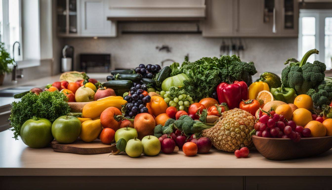 A vibrant assortment of fruits and vegetables on a kitchen counter.