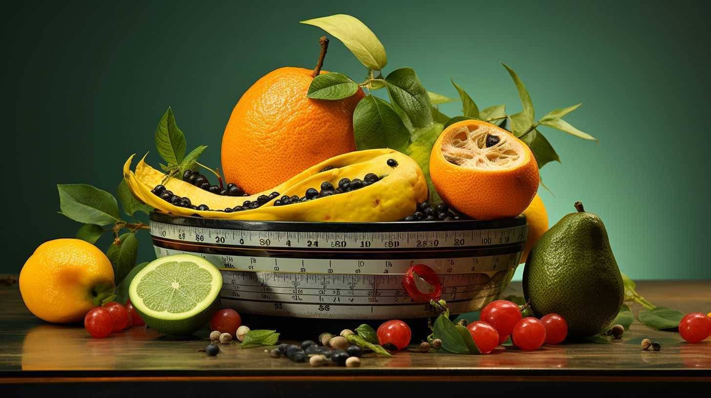 The image features a measuring tape around a scale with fruits and vegetables.