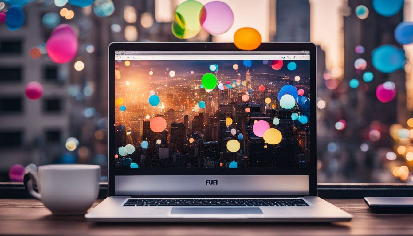 A laptop surrounded by colorful blog comment bubbles, cityscape photography.
