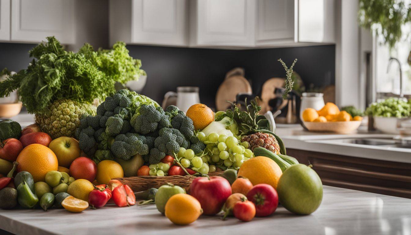 A diverse array of fresh fruits and vegetables on a kitchen counter.