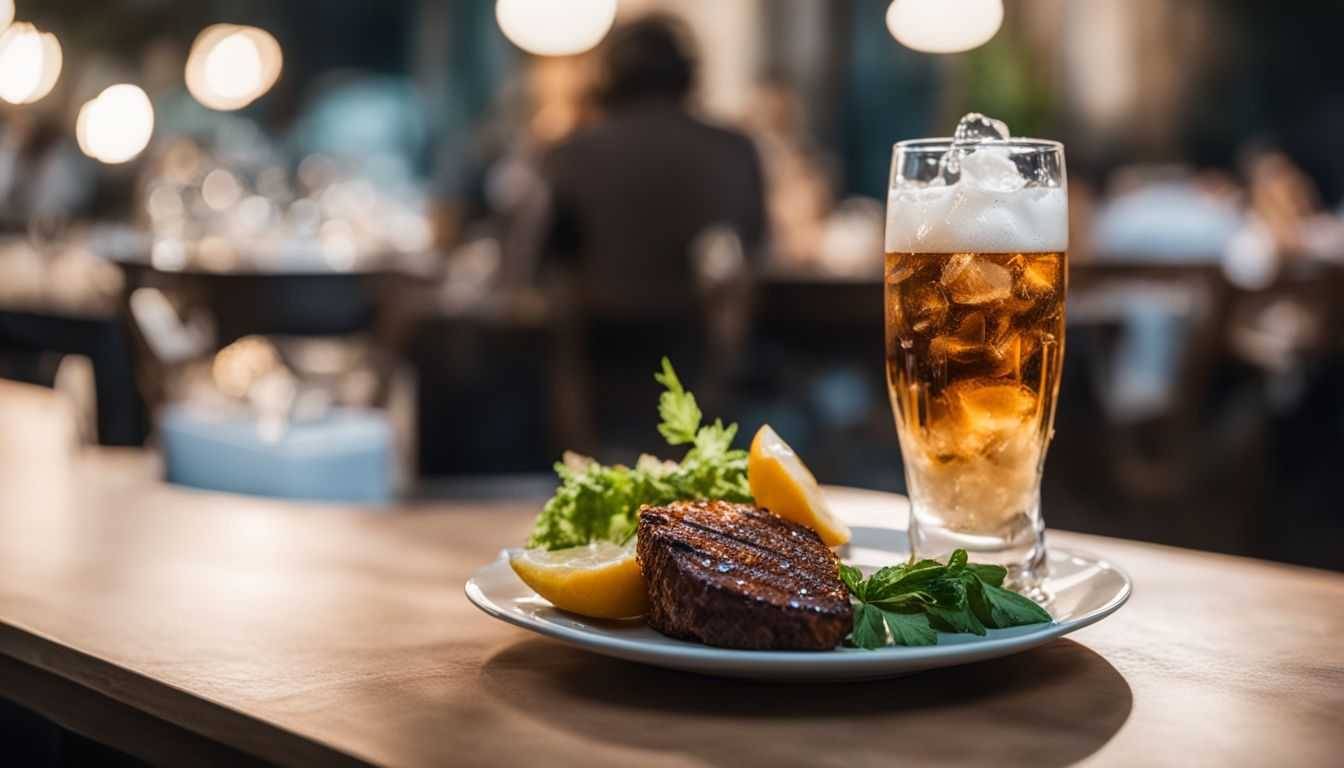 A photo featuring a glass of soda and a plate of keto-friendly food.