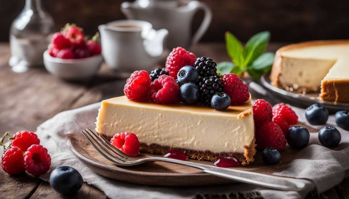 A mouthwatering slice of keto cheesecake surrounded by fresh berries.