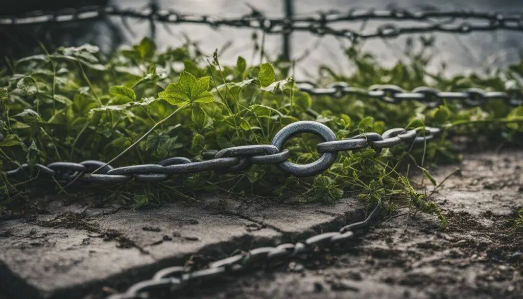 A broken chain link lying on cracked concrete surrounded by weeds.