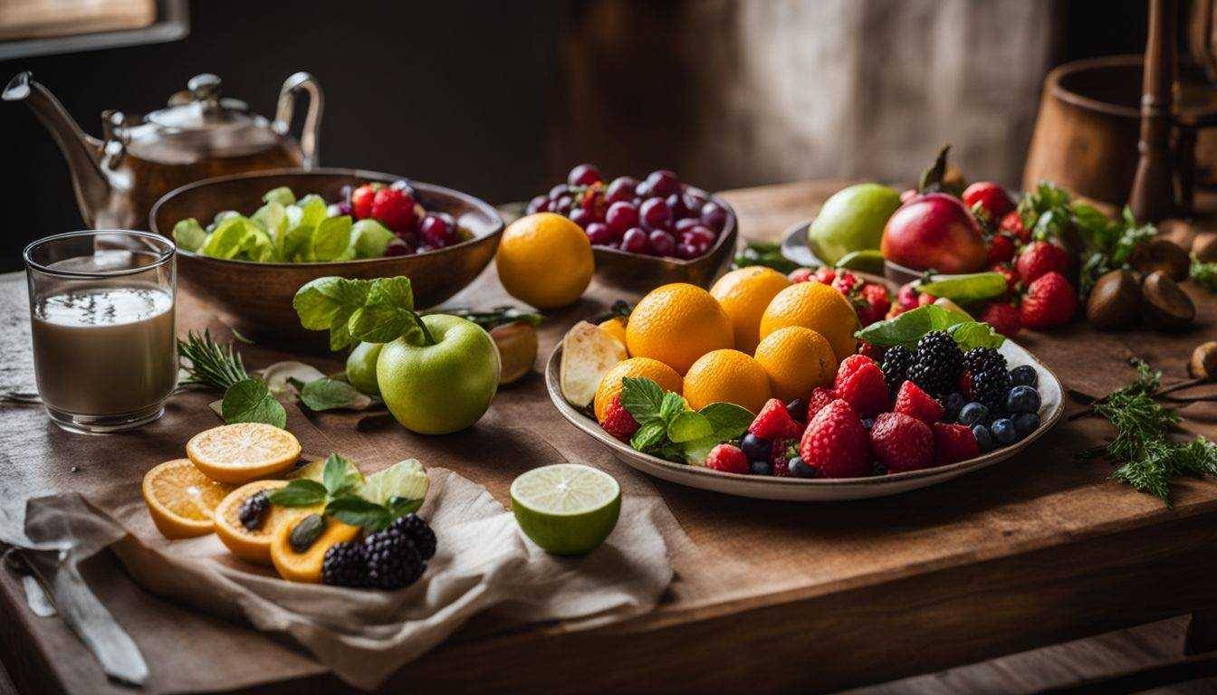 A vibrant spread of fruits and vegetables on a wooden table.