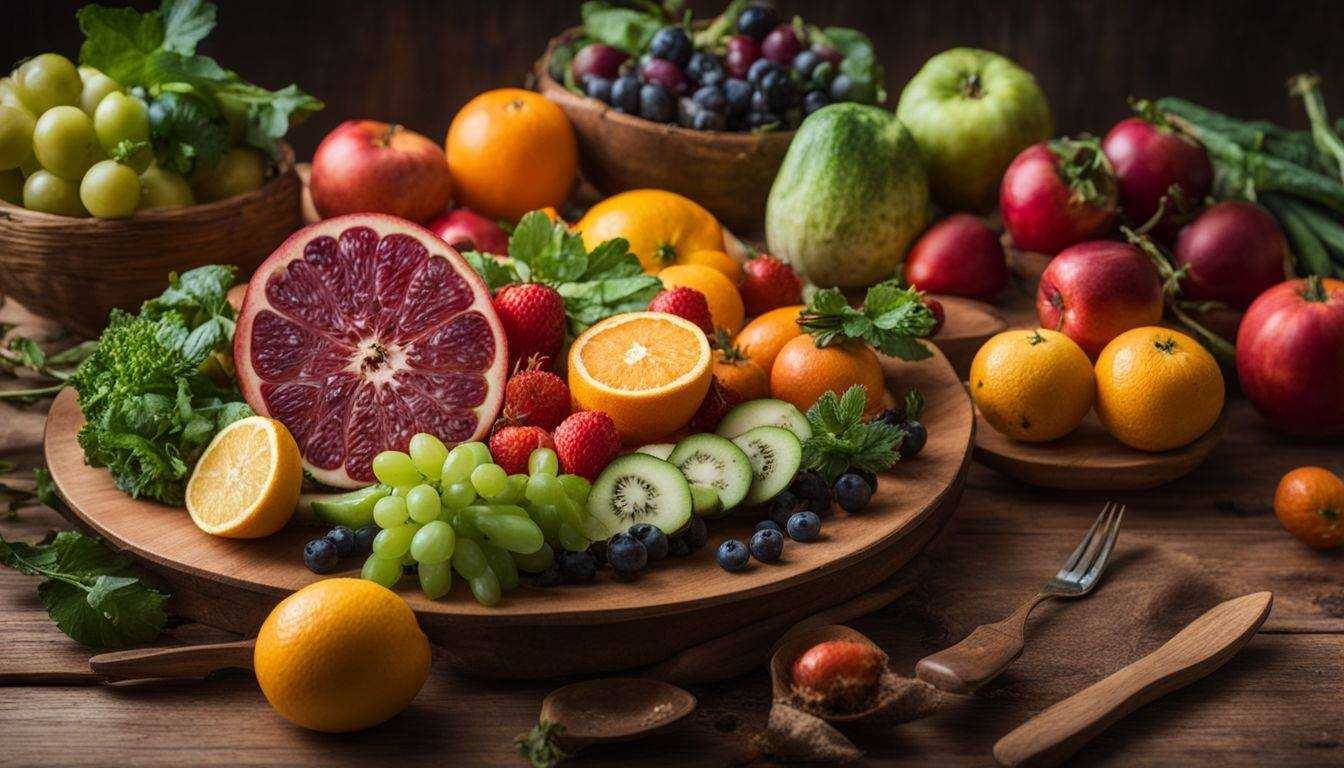 Colorful plate of fresh fruits and vegetables on a wooden table.
