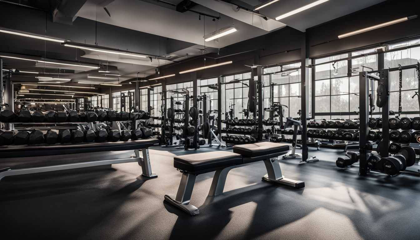A well-equipped and bustling gym with a full weight rack.