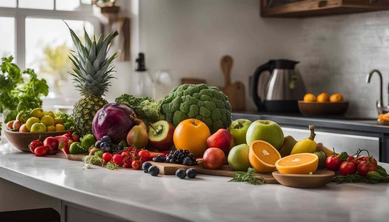 A variety of fruits and vegetables arranged on a kitchen counter.