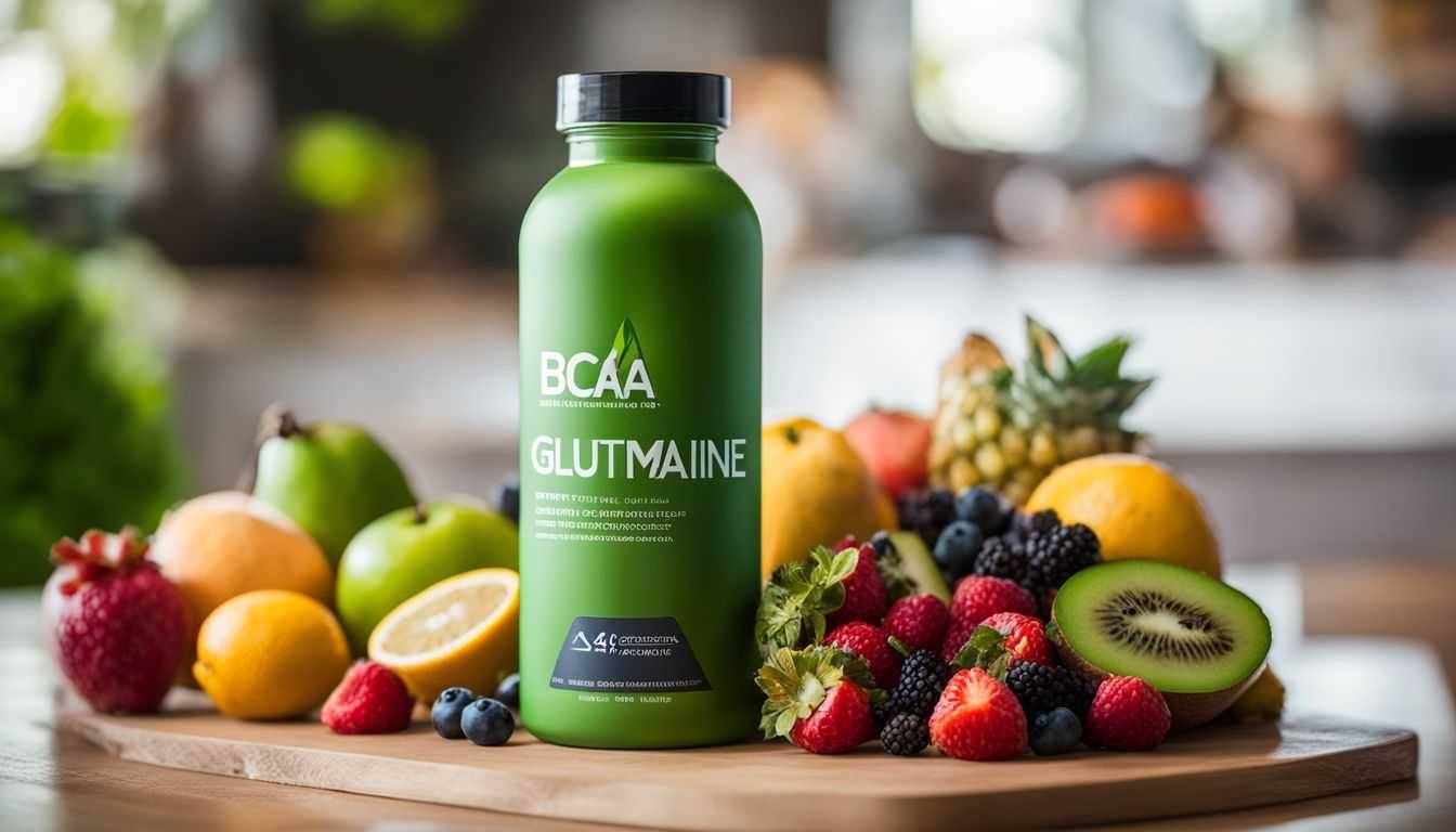 A bottle of Transparent Labs BCAA Glutamine surrounded by colorful fruits and a green smoothie.