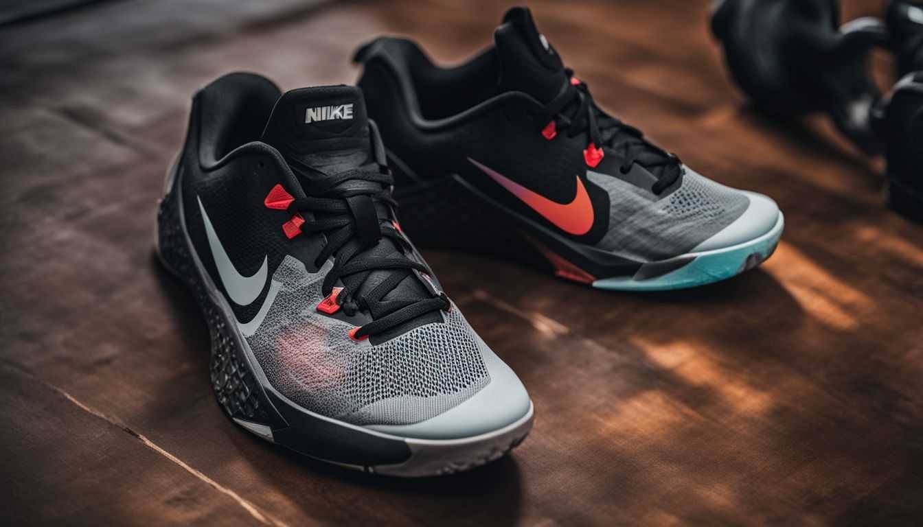 A pair of Nike Metcon 8 gym shoes photographed on a gym floor.