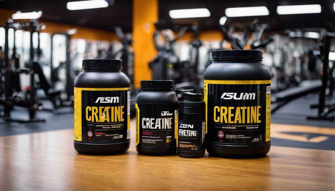 A bottle of creatine powder surrounded by workout equipment in a gym.