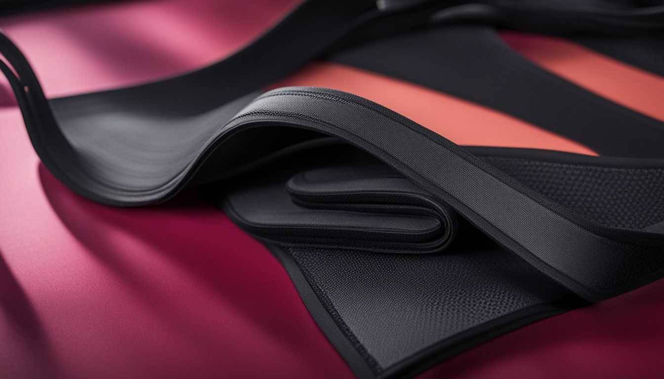 A close-up of a neoprene waist trimmer belt on a colorful gym mat.