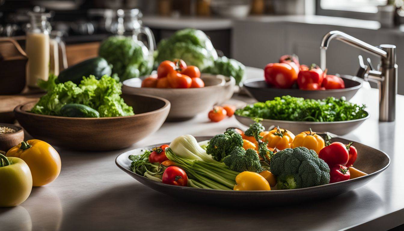 A colorful assortment of fresh vegetables on a modern kitchen countertop.
