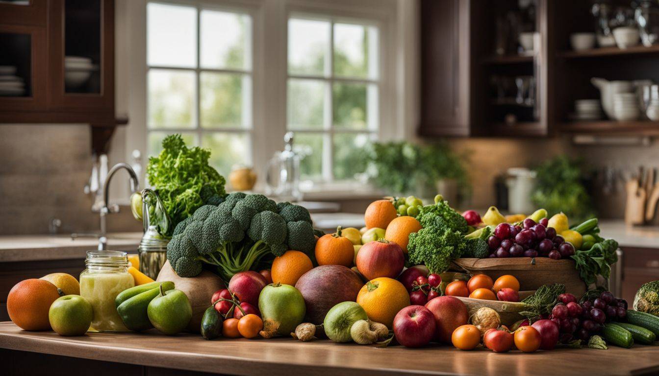 A variety of fresh fruits and vegetables neatly arranged on a kitchen counter.