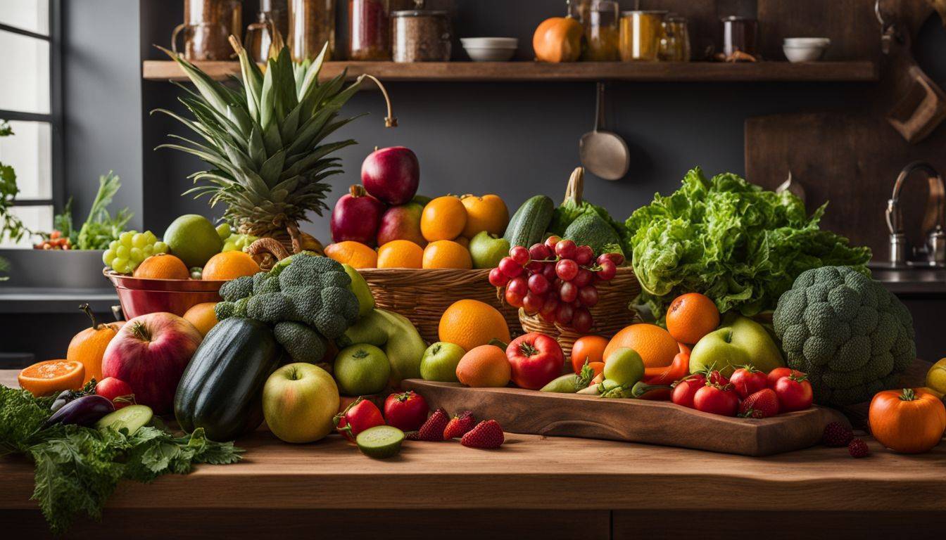 A variety of fresh fruits and vegetables arranged on a kitchen countertop.