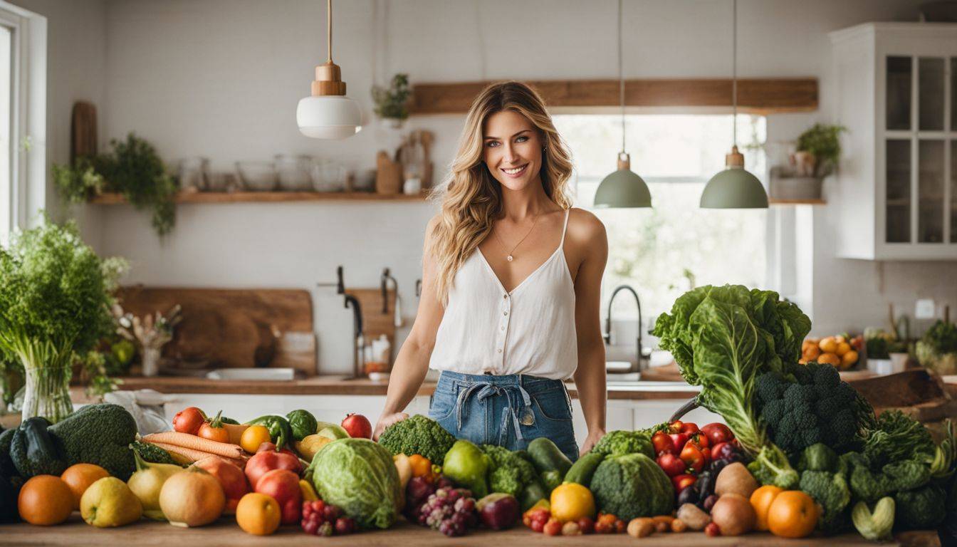 A woman surrounded by fresh fruits and vegetables in a vibrant kitchen.