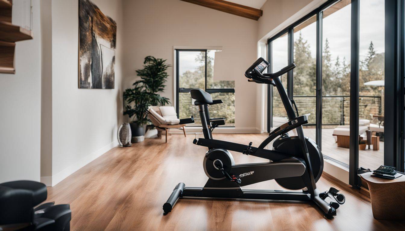 A modern recumbent exercise bike in a spacious home gym.