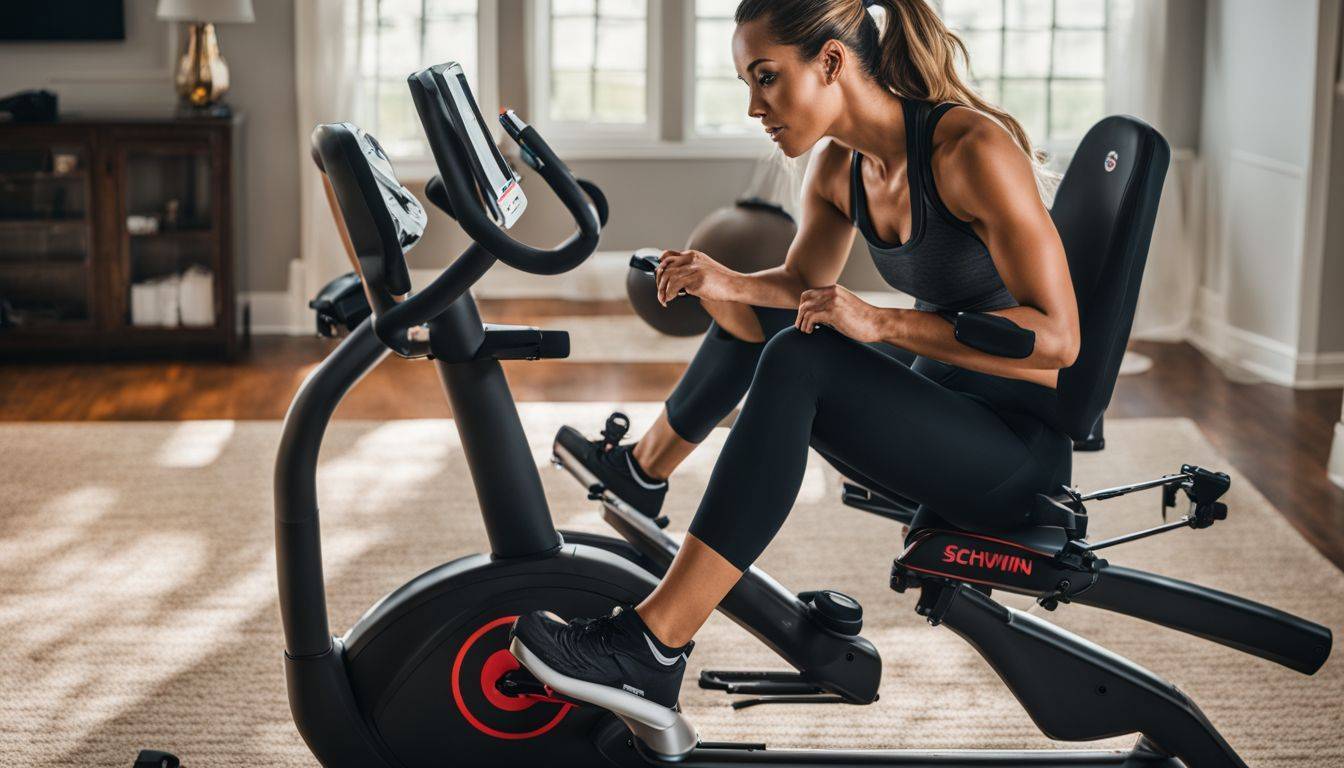 A person working out on a Schwinn 230 Recumbent Bike in a home gym.