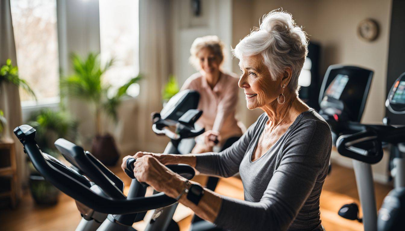 Elderly woman exercising on a recumbent bike in a home gym.
