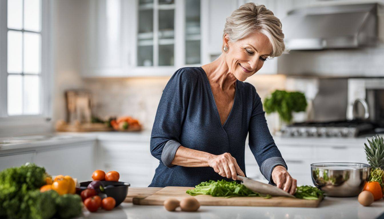 A woman in her 50s practicing intermittent fasting prepares a healthy meal.