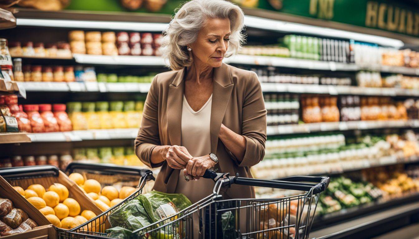 A woman carefully examines food and supplement options at a grocery store.