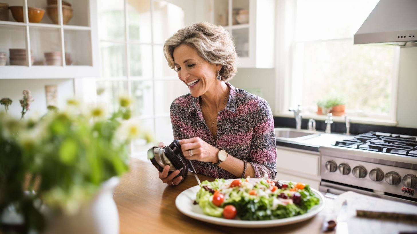 A woman over 50 enjoying a healthy meal in a sunlit kitchen.