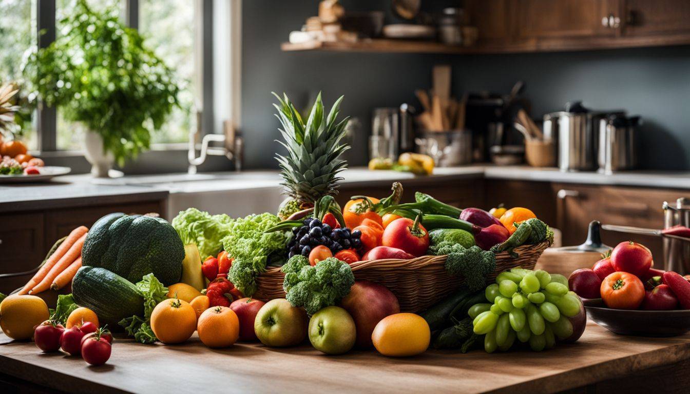 A vibrant assortment of fresh fruits and vegetables on a kitchen counter.