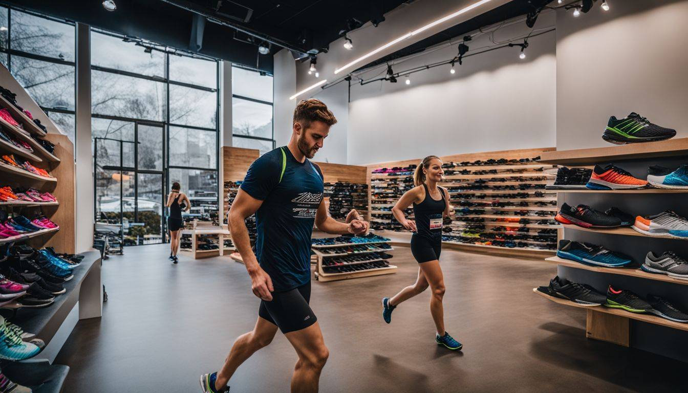 A runner trying on Brooks shoes at a specialty running store.