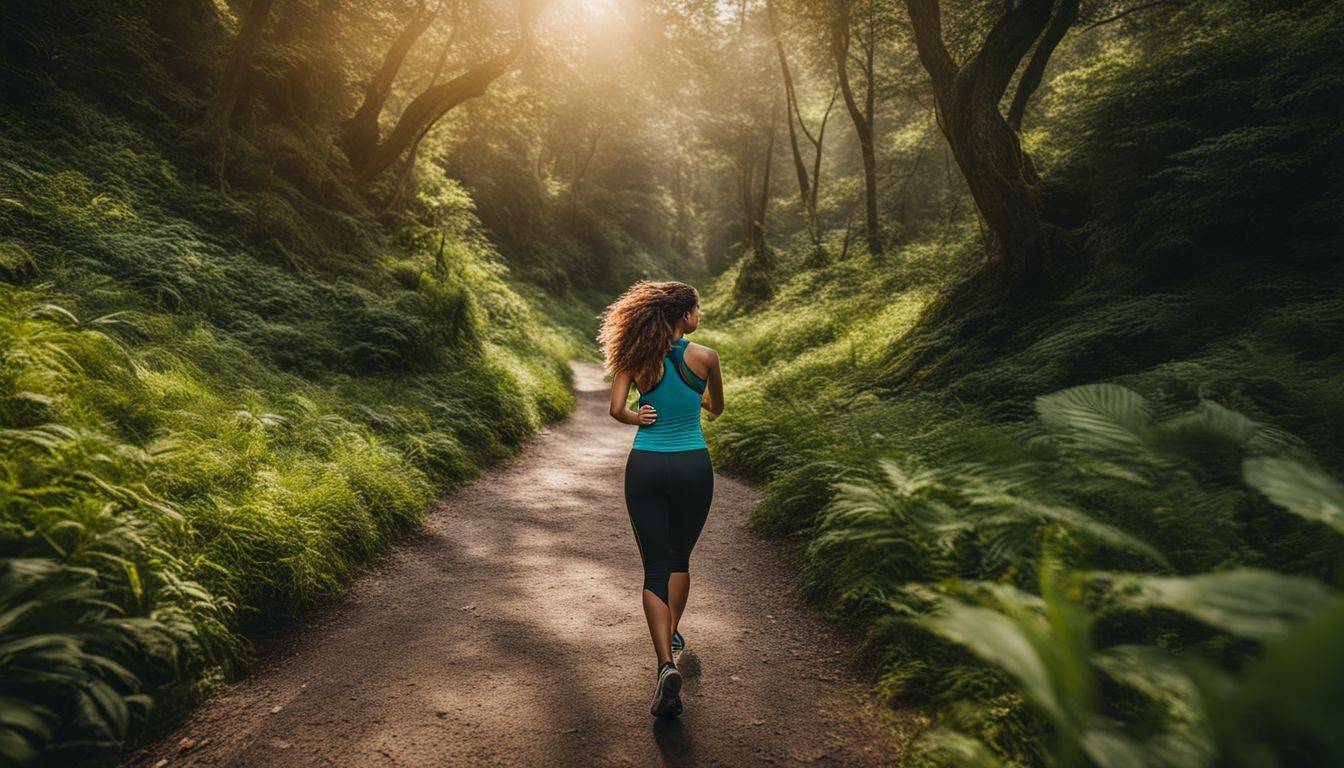 'A woman running along a scenic trail surrounded by lush greenery.'