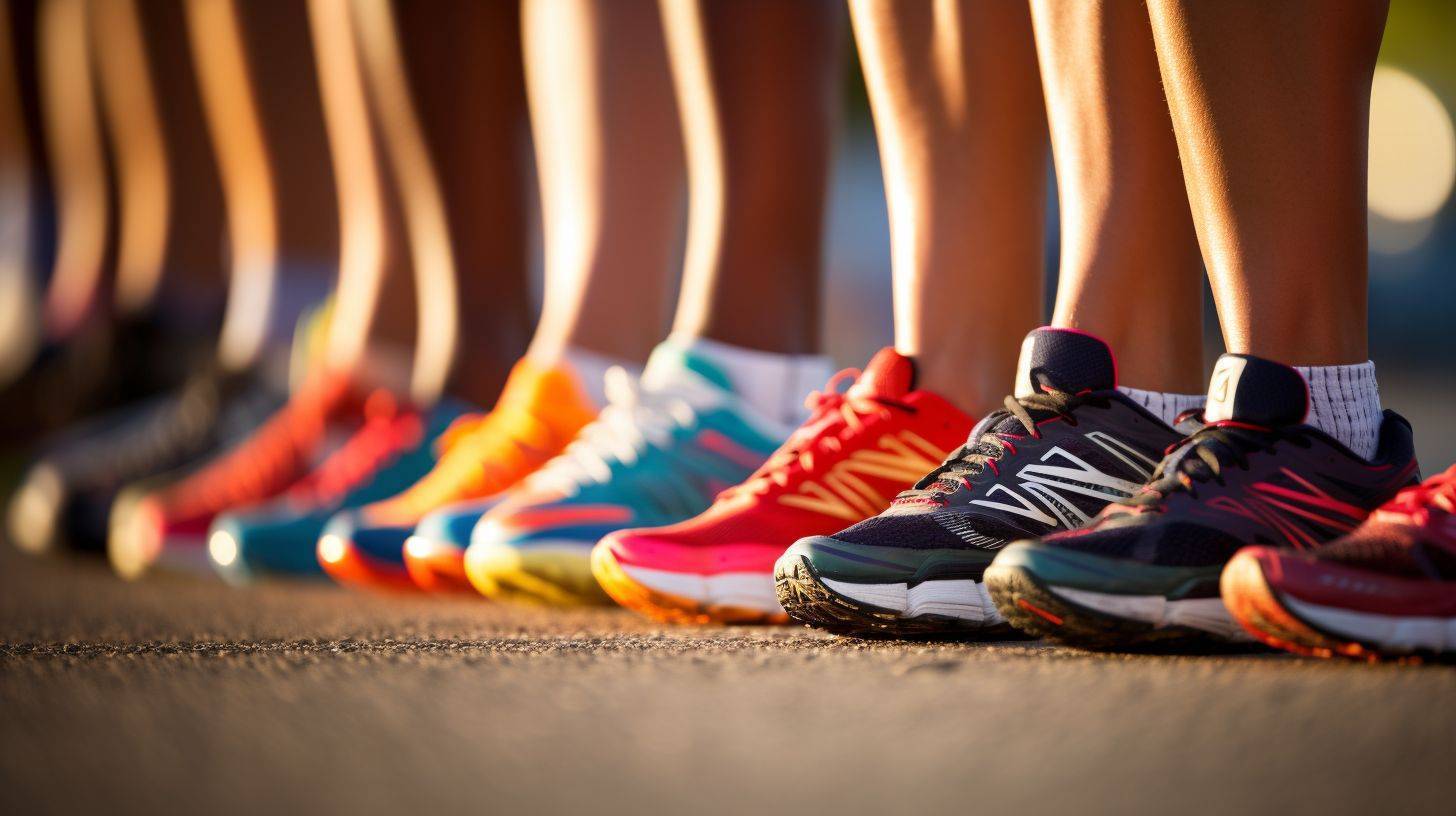 A diverse group of runners wearing Brooks shoes at the starting line of a race.