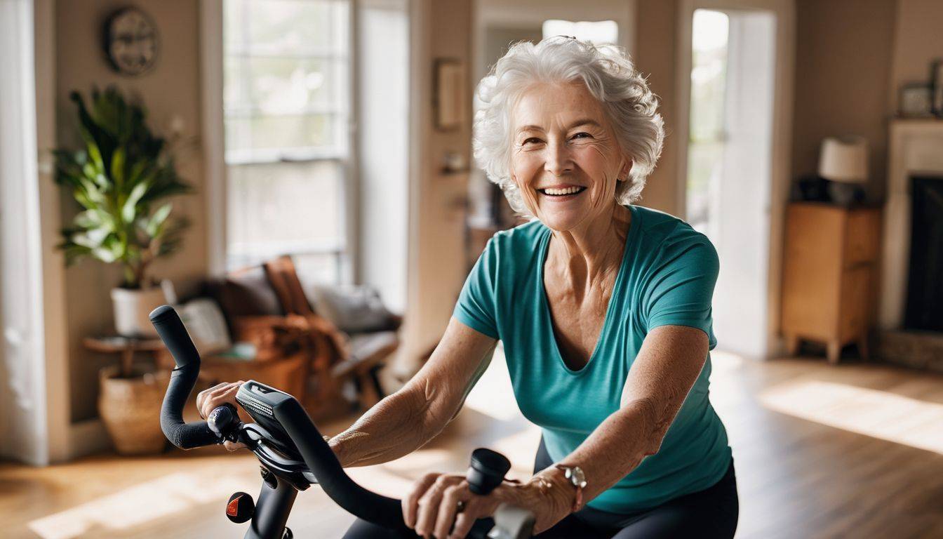 Elderly woman happily rides recumbent exercise bike in sunny living room.