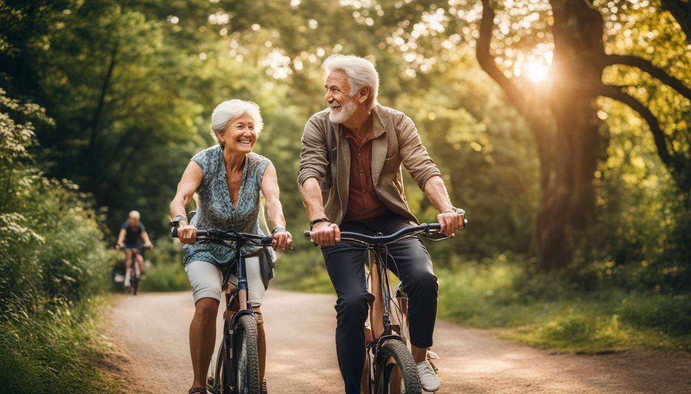 Elderly couple enjoying a scenic outdoor bike ride in a park.