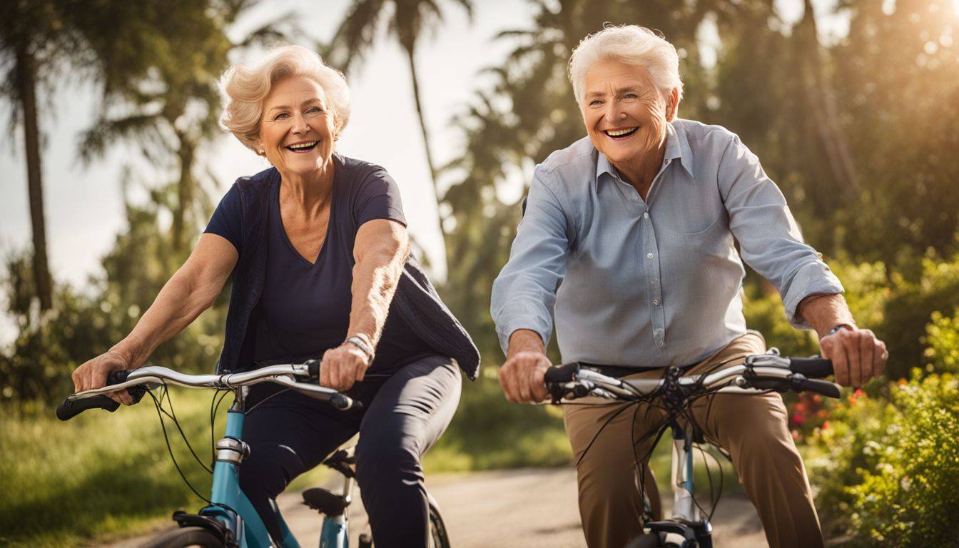 An elderly couple happily cycling together in a home environment.
