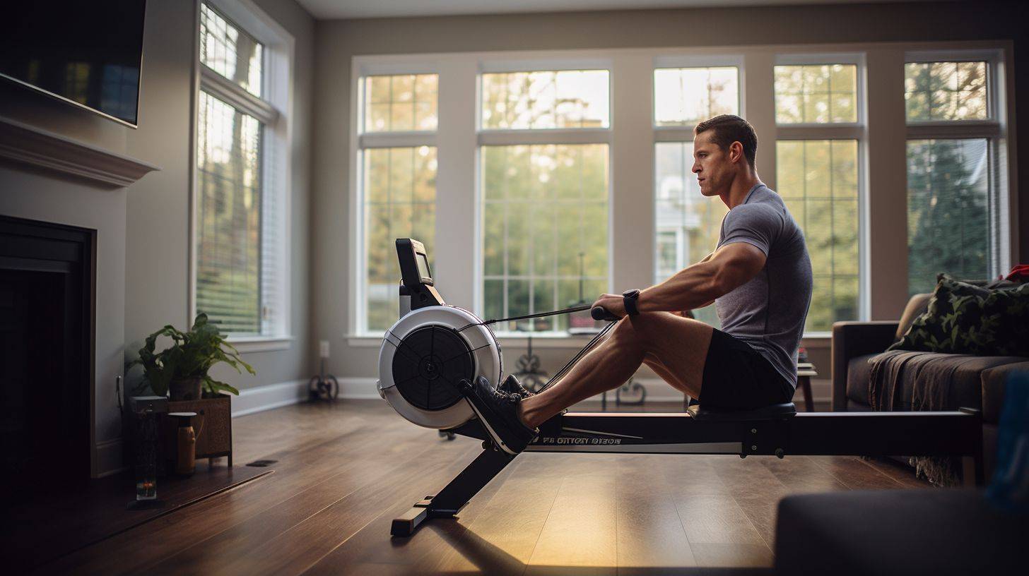 A person using a rowing machine in a home workout.