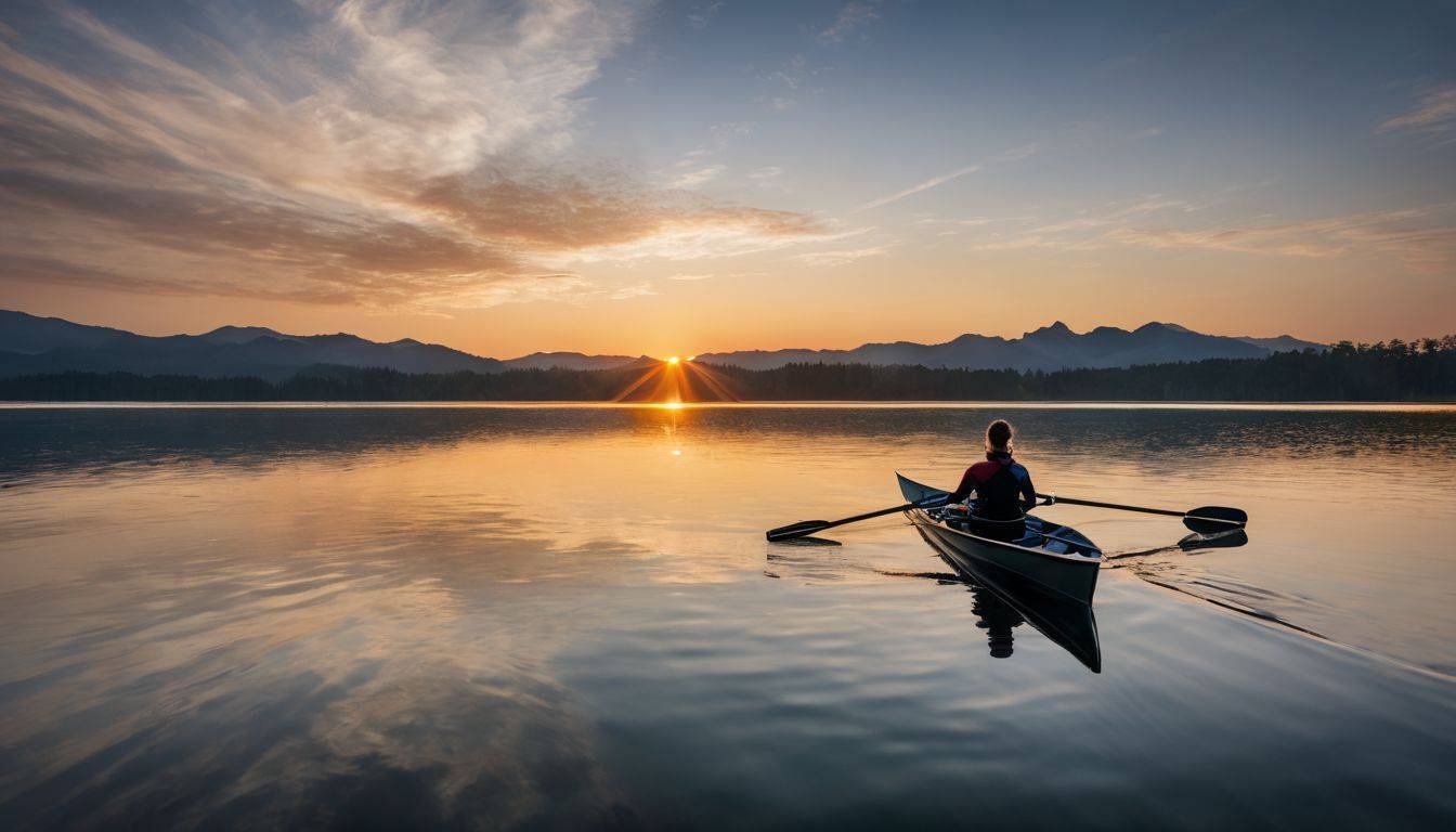 A person rowing on a serene lake at sunrise in various outfits.