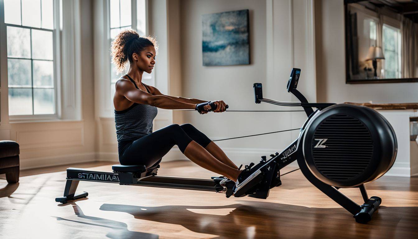 A person rowing on the Stamina ATS Air Rower in a home gym.