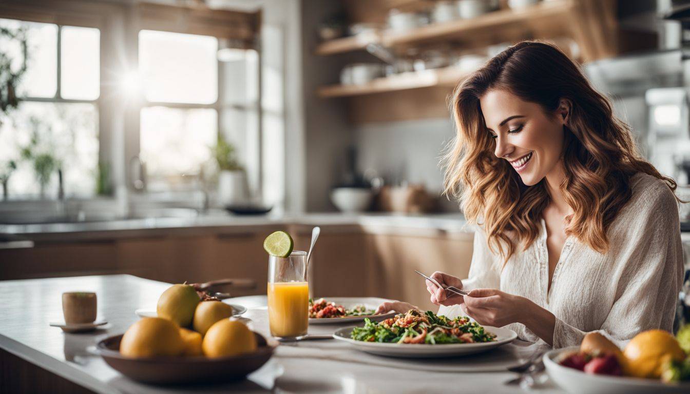 A woman enjoying a healthy meal in a modern kitchen.