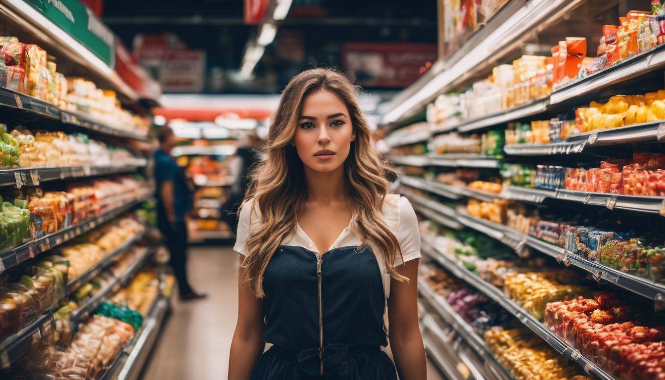 A person resisting temptation at a grocery store surrounded by sugary treats.