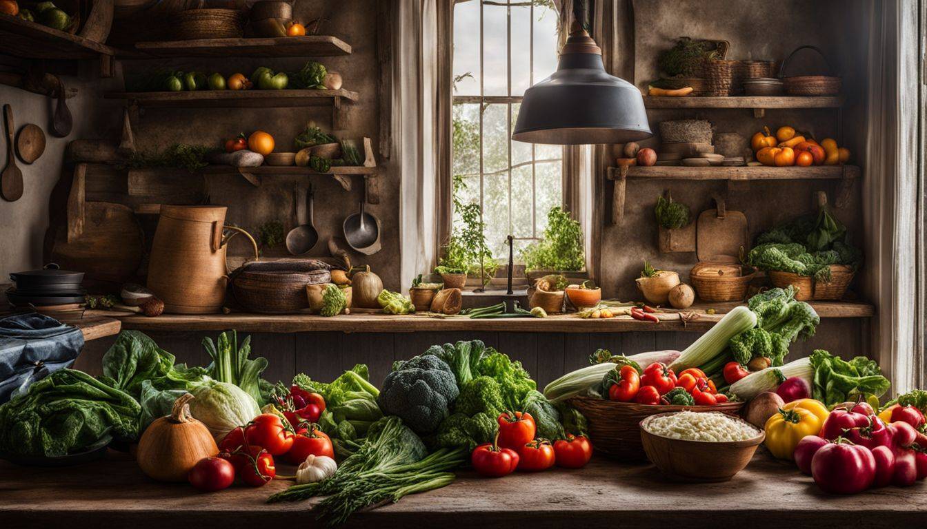 An artistic arrangement of fresh, colorful vegetables in a rustic kitchen.