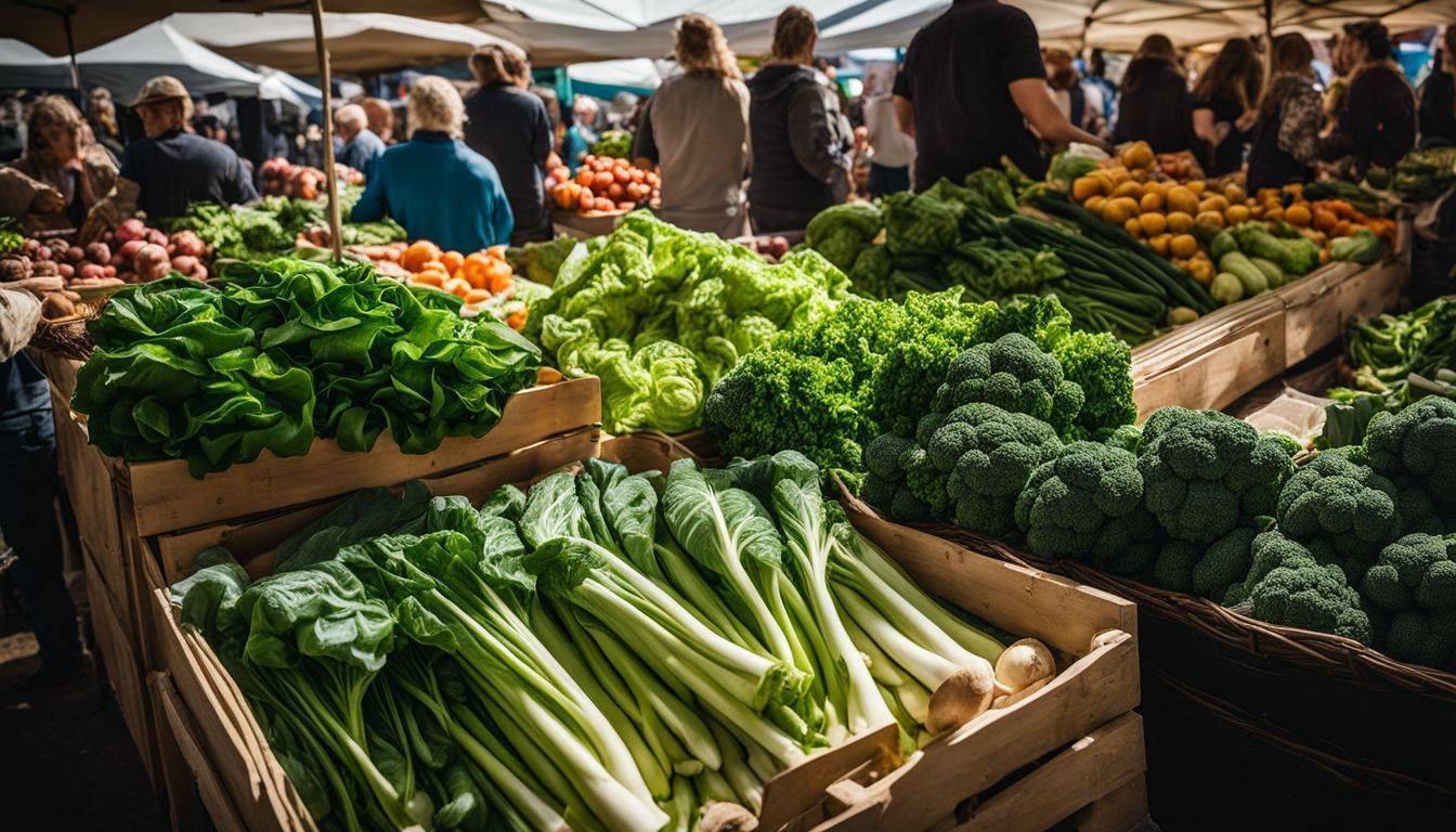 A bountiful display of fresh green vegetables at a farmer's market.