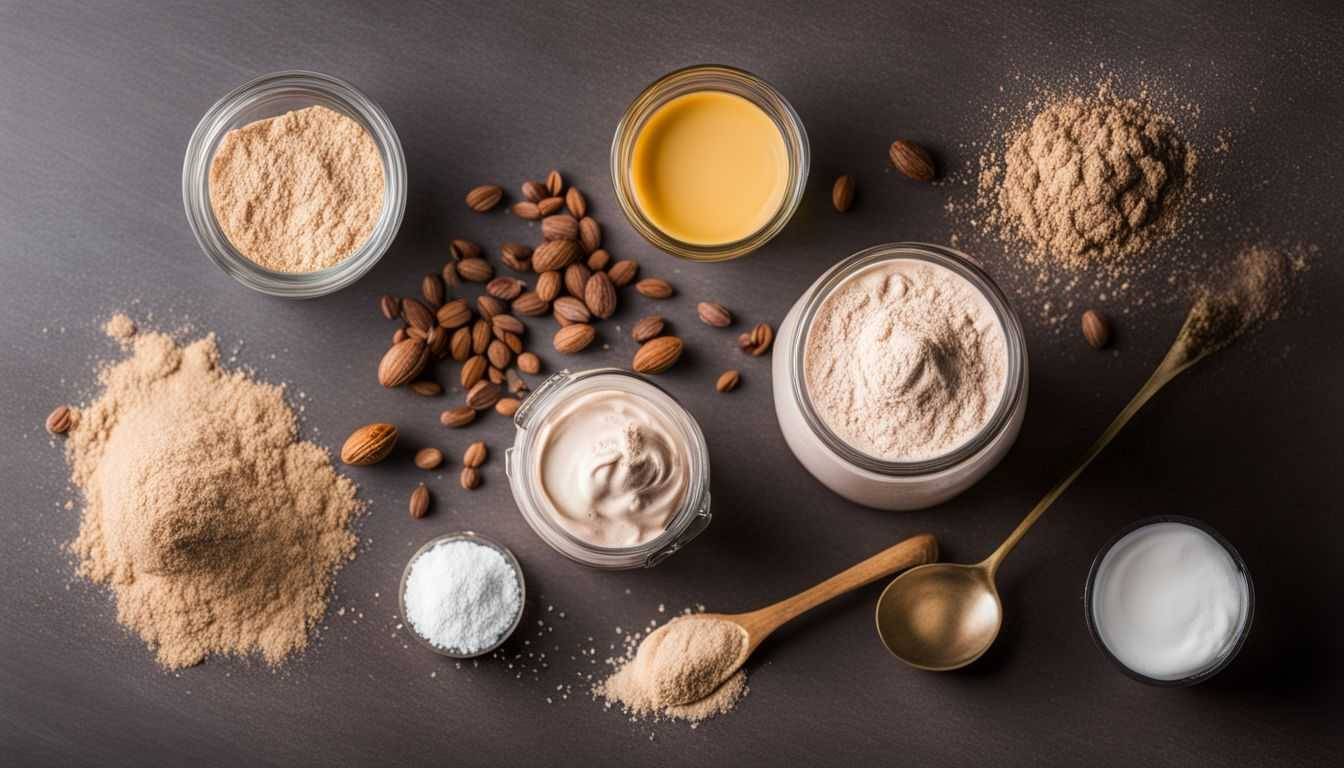 A variety of protein sources and ingredients surrounding a scoop of keto protein powder.