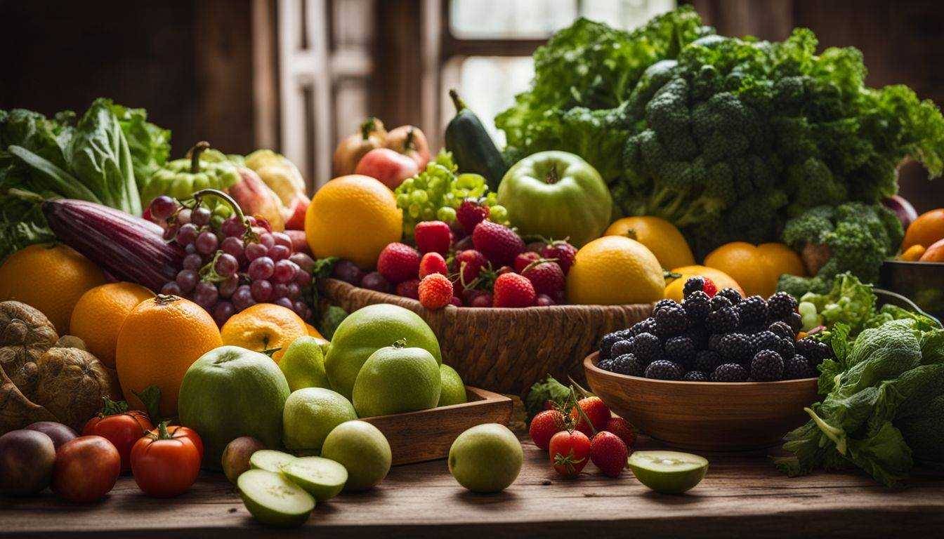 A vibrant assortment of fruits and vegetables on a wooden table.