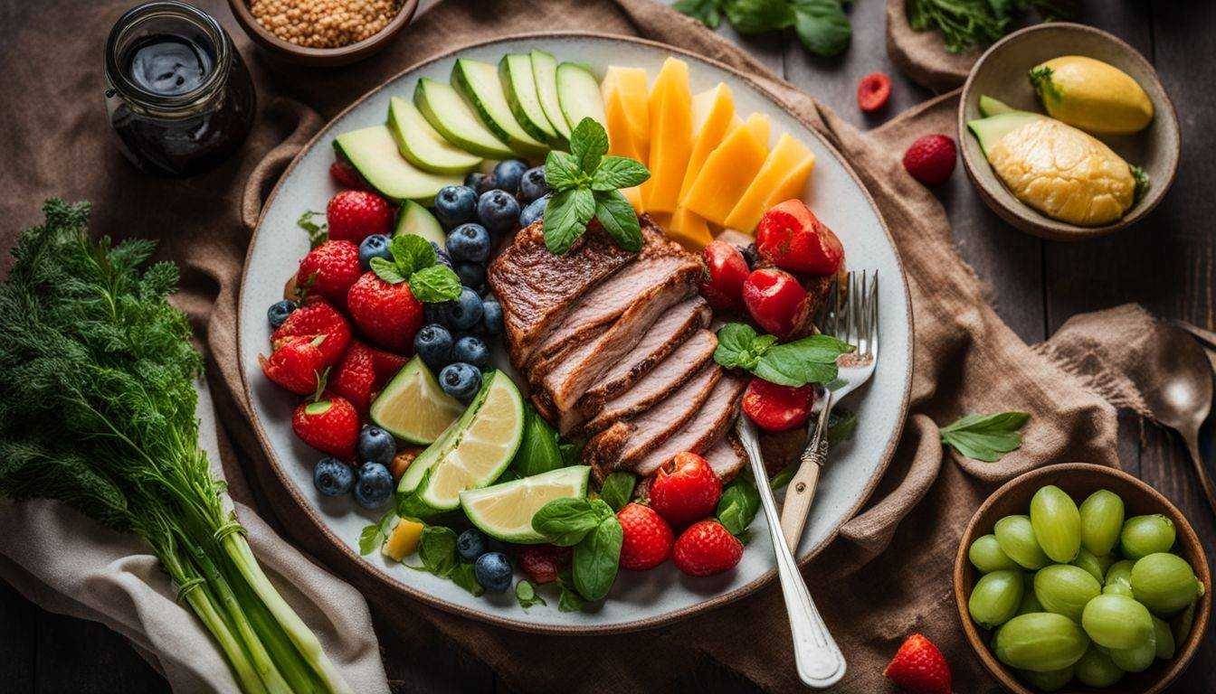 Colorful plate of ketogenic-friendly foods surrounded by fresh fruits and vegetables.