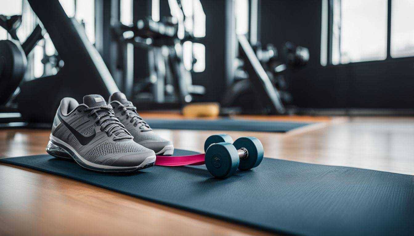 Fitness equipment on gym mat, no humans, well-lit, high-quality photography.