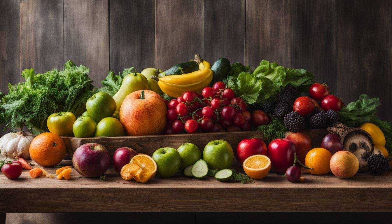 An array of colorful fruits and vegetables arranged on a table.