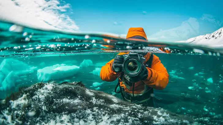 A waterproof mirrorless camera captures vibrant underwater scenery with ice fishing gear.